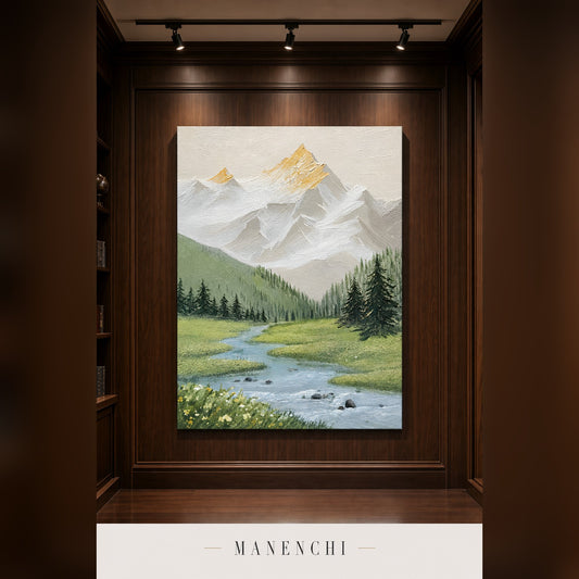 A vertical canvas painting of a mountain landscape with snowy peaks, green hills, pine trees, and a winding river, displayed on a dark wood-paneled wall under spotlights. The brand name MANENCHI appears at the bottom.