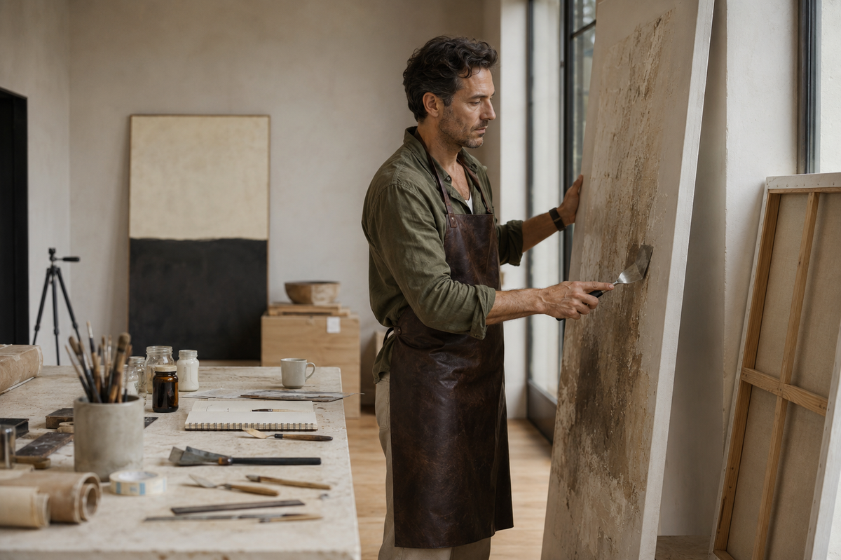 Adrian Vale working with a palette knife in the Manenchi studio. working in the Manenchi studio.