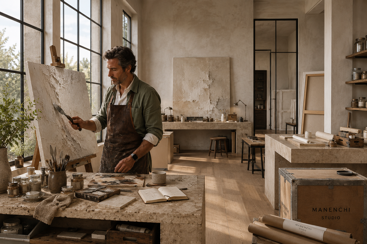 Wide view of Adrian Vale at work in the Manenchi studio. working in the Manenchi studio.
