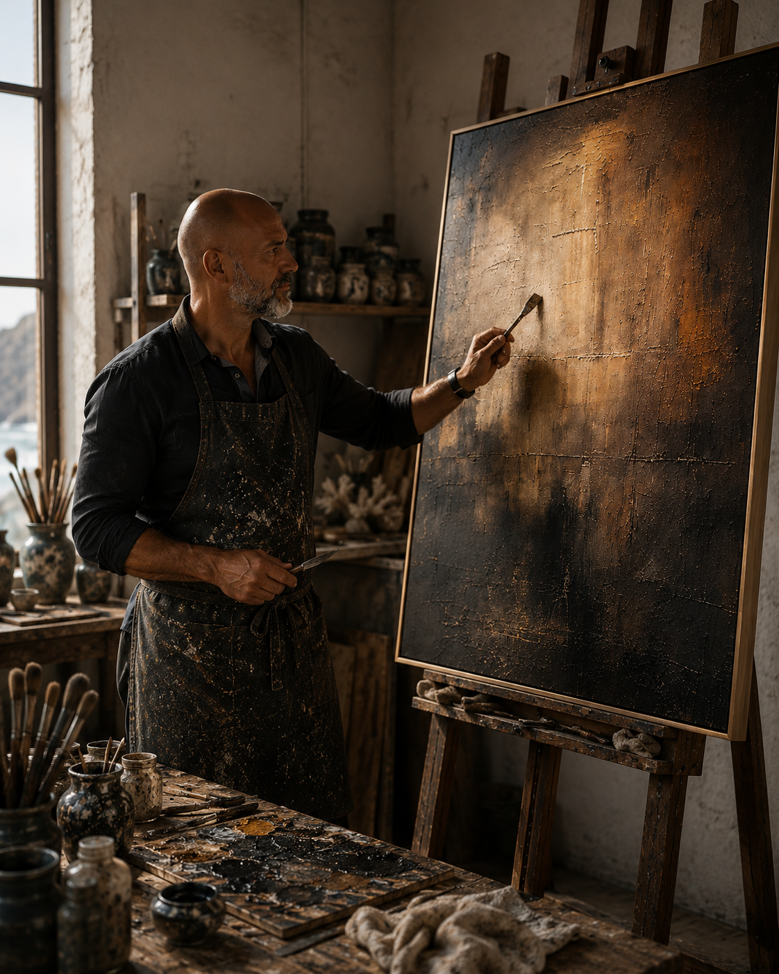 Erwan Kerrec working on an earth-toned painting in the Manenchi studio. working in the Manenchi studio.