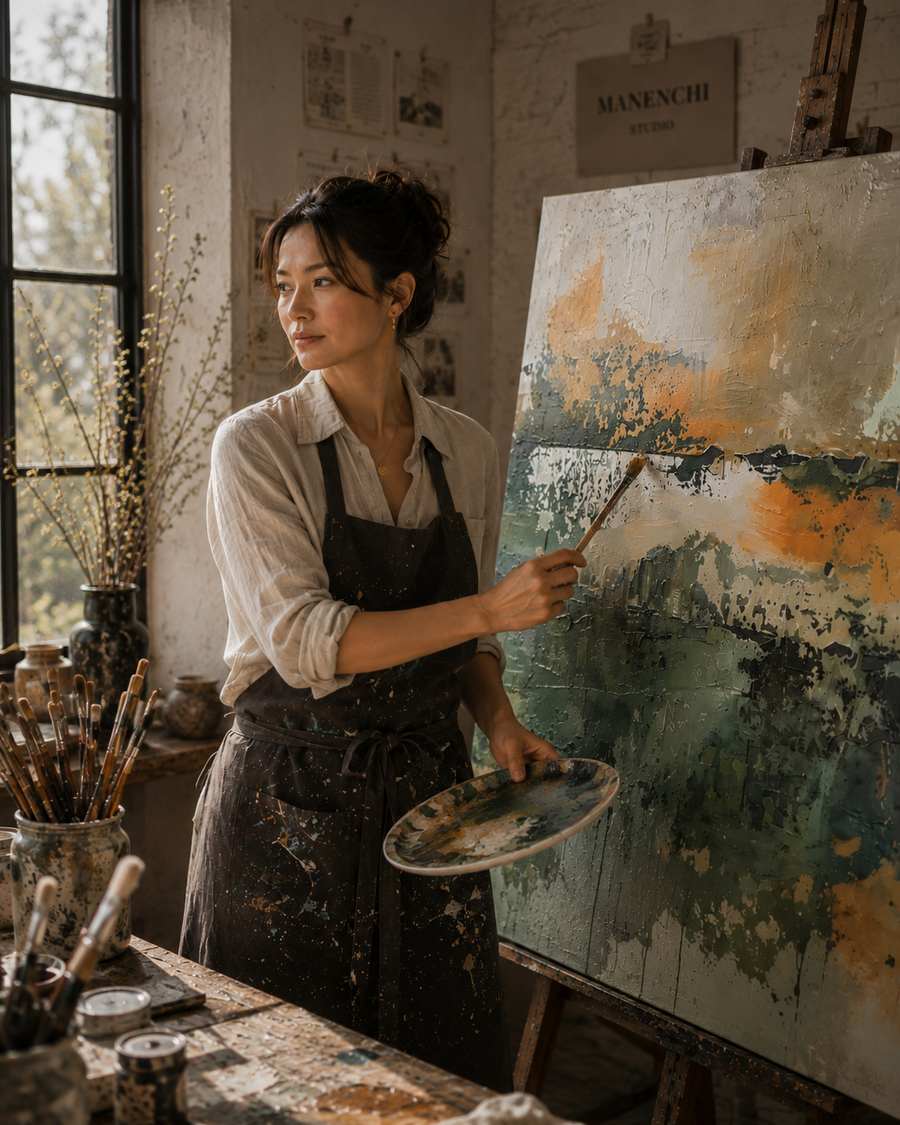 Editorial studio portrait representing the Maya Chen creative direction at Manenchi.Maya Chen creative direction at Manenchi.