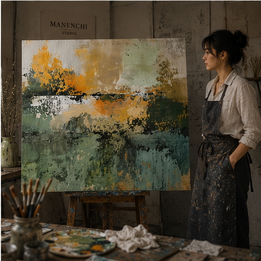Wide view of Maya Chen at work in the Manenchi studio. working in the Manenchi studio.