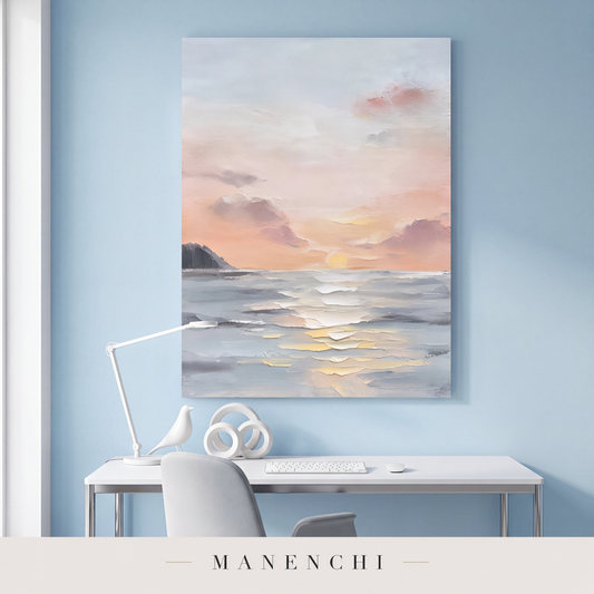 Coastal Serenity, a hand-painted sunrise seascape with visible brushwork, displayed in a study