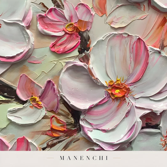 Close-up detail of raised palette-knife impasto texture on a hand-painted Manenchi canvas