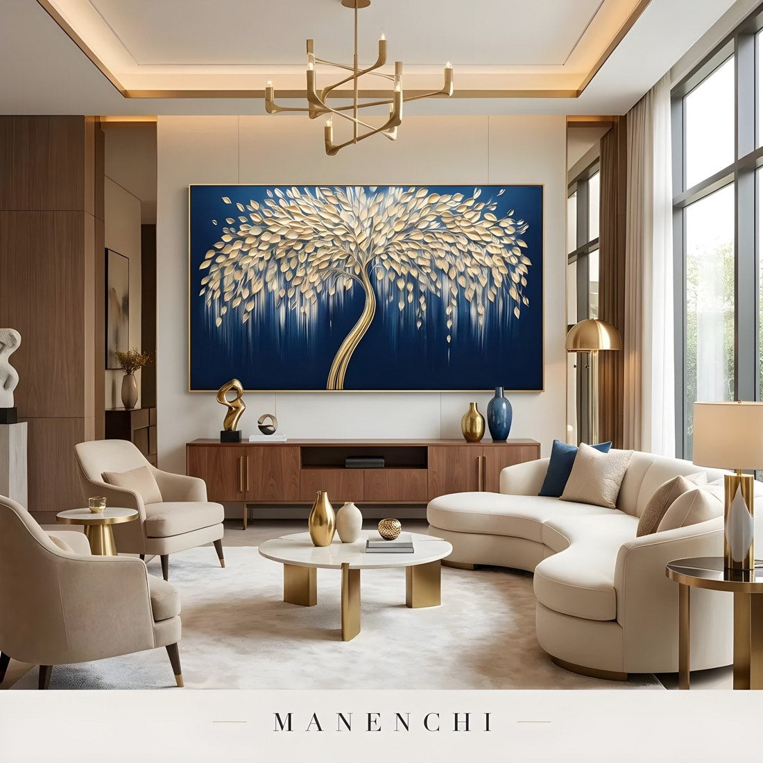 Midnight Gilded Arbor, a hand-painted gold and navy abstract painting, hung above a sofa in a luxury living room
