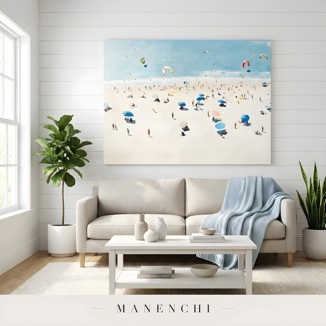 Coastal Leisure Vista, a wide horizontal beach-scene painting, above a sofa in a spacious living room