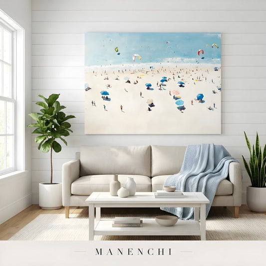 Coastal Leisure Vista, a wide horizontal beach-scene painting, above a sofa in a spacious living room