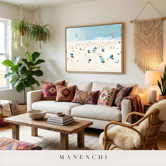 Coastal Leisure Vista, a wide horizontal beach-scene painting, in an eclectic living room