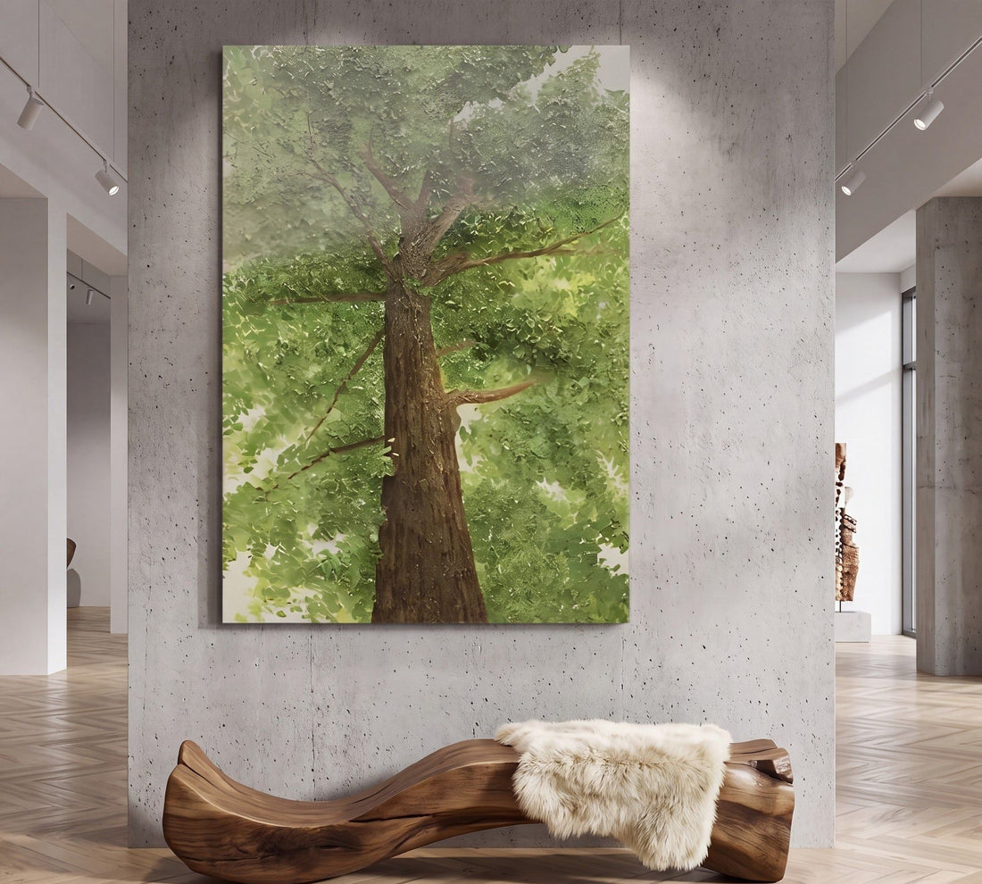 Verdant Ascent, a hand-built impasto tree painting with a textured trunk and canopy, displayed on a concrete gallery wall