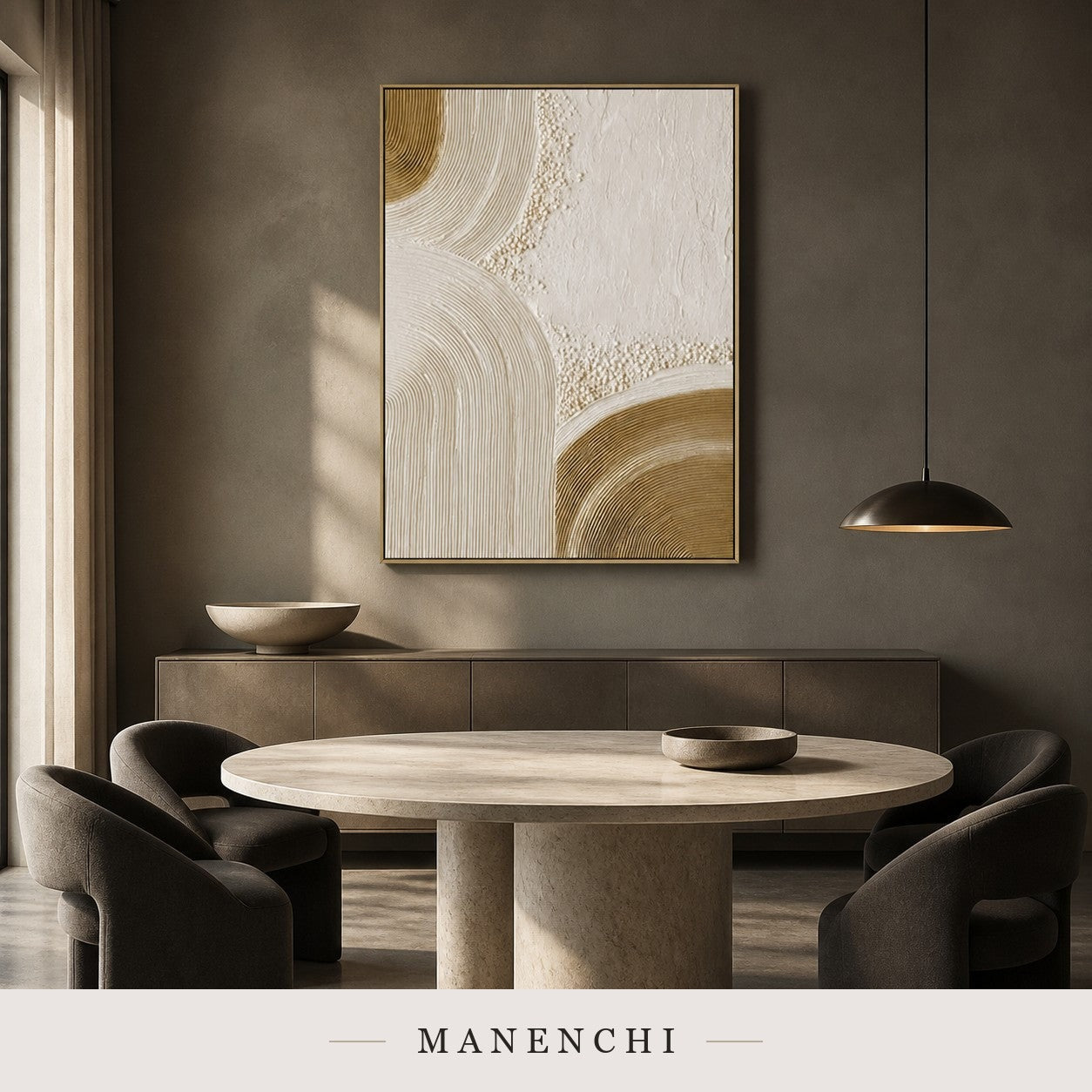 Sculptural Golden Dunes | Contemporary Wall Art - original hand-painted painting by Manenchi, styled in a room setting