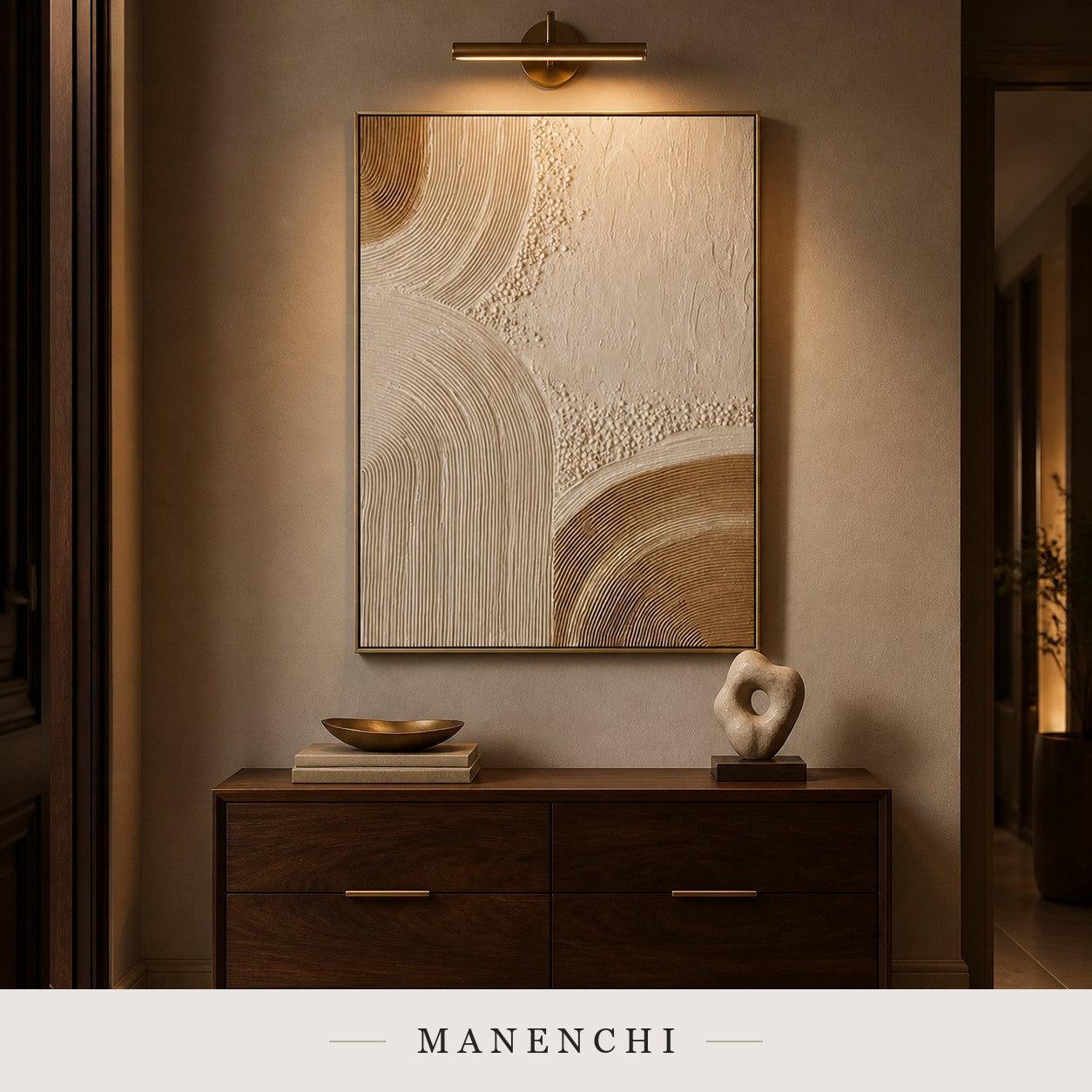 Sculptural Golden Dunes | Contemporary Wall Art - original hand-painted painting by Manenchi, styled in a room setting