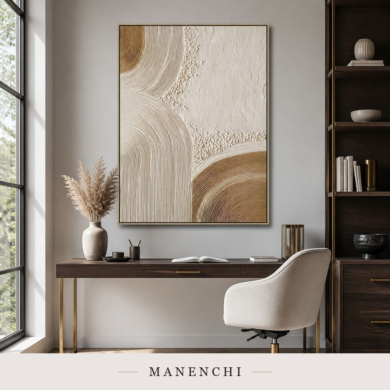Sculptural Golden Dunes | Contemporary Wall Art - original hand-painted painting by Manenchi, styled in a room setting