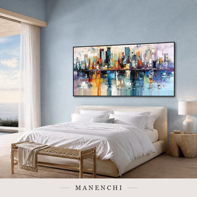 Reflected Spires | Contemporary Wall Art - original hand-painted painting by Manenchi, styled in a room setting