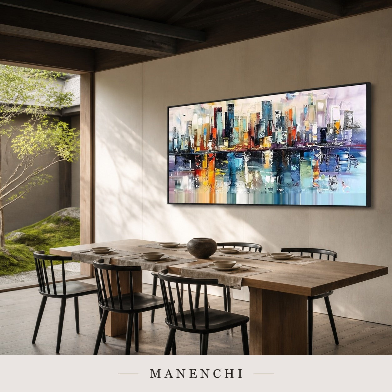 Reflected Spires | Contemporary Wall Art - original hand-painted painting by Manenchi, styled in a room setting