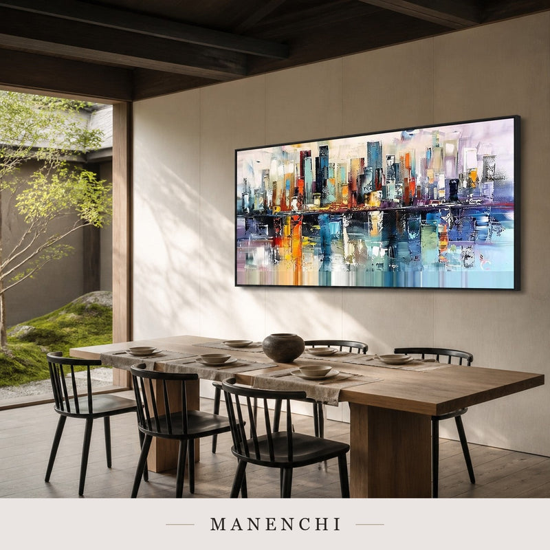 Reflected Spires | Contemporary Wall Art - original hand-painted painting by Manenchi, styled in a room setting