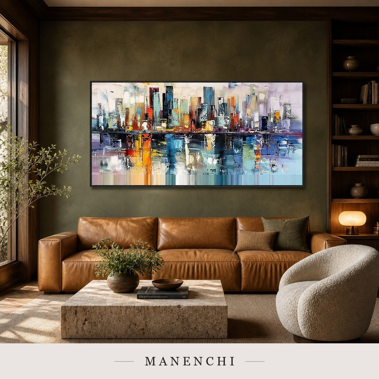 Reflected Spires | Contemporary Wall Art - original hand-painted painting by Manenchi, styled in a room setting