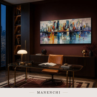 Reflected Spires | Contemporary Wall Art - original hand-painted painting by Manenchi, styled in a room setting