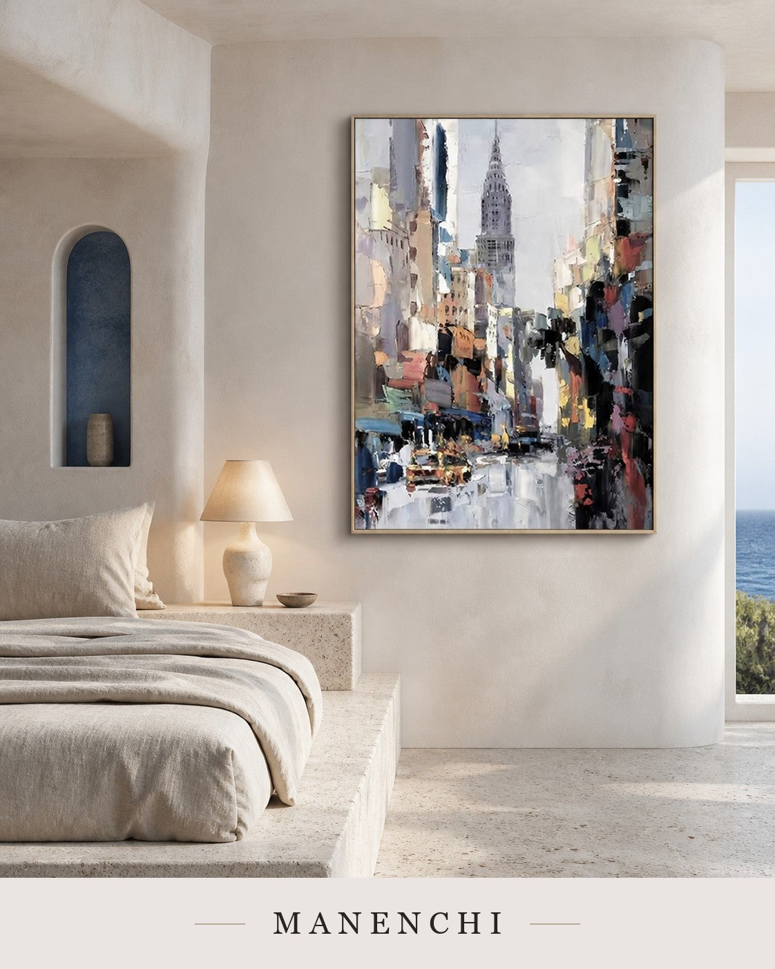 Forged Towers | Contemporary Wall Art - original hand-painted painting by Manenchi, styled in a room setting