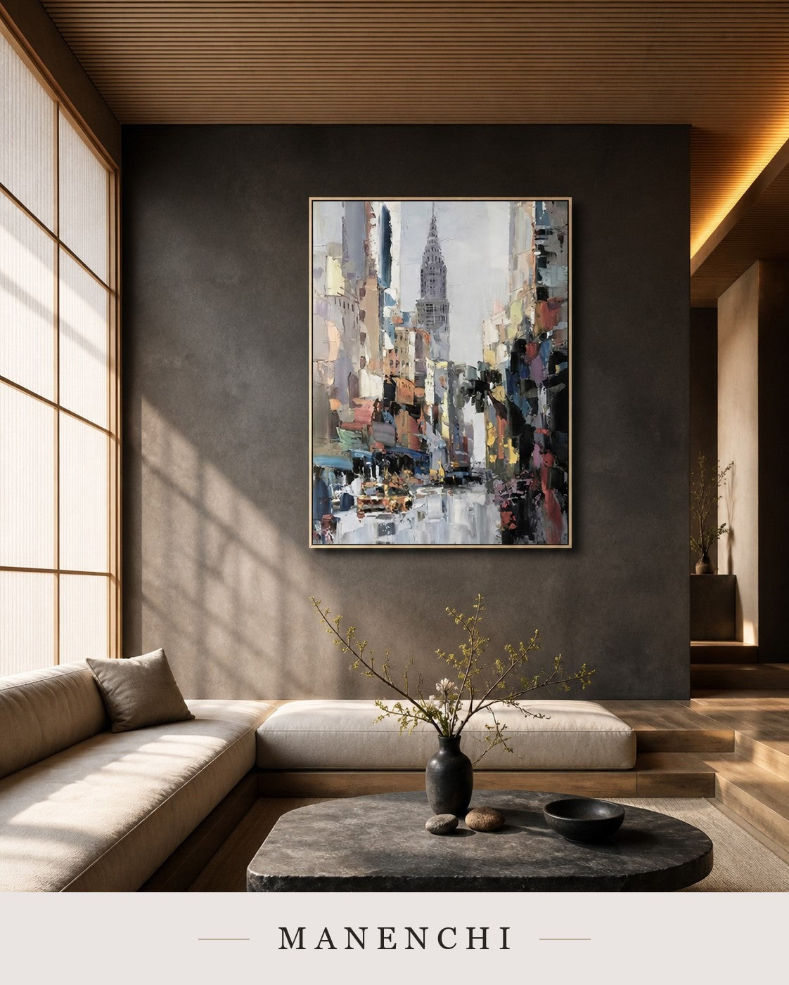 Forged Towers | Contemporary Wall Art - original hand-painted painting by Manenchi, styled in a room setting