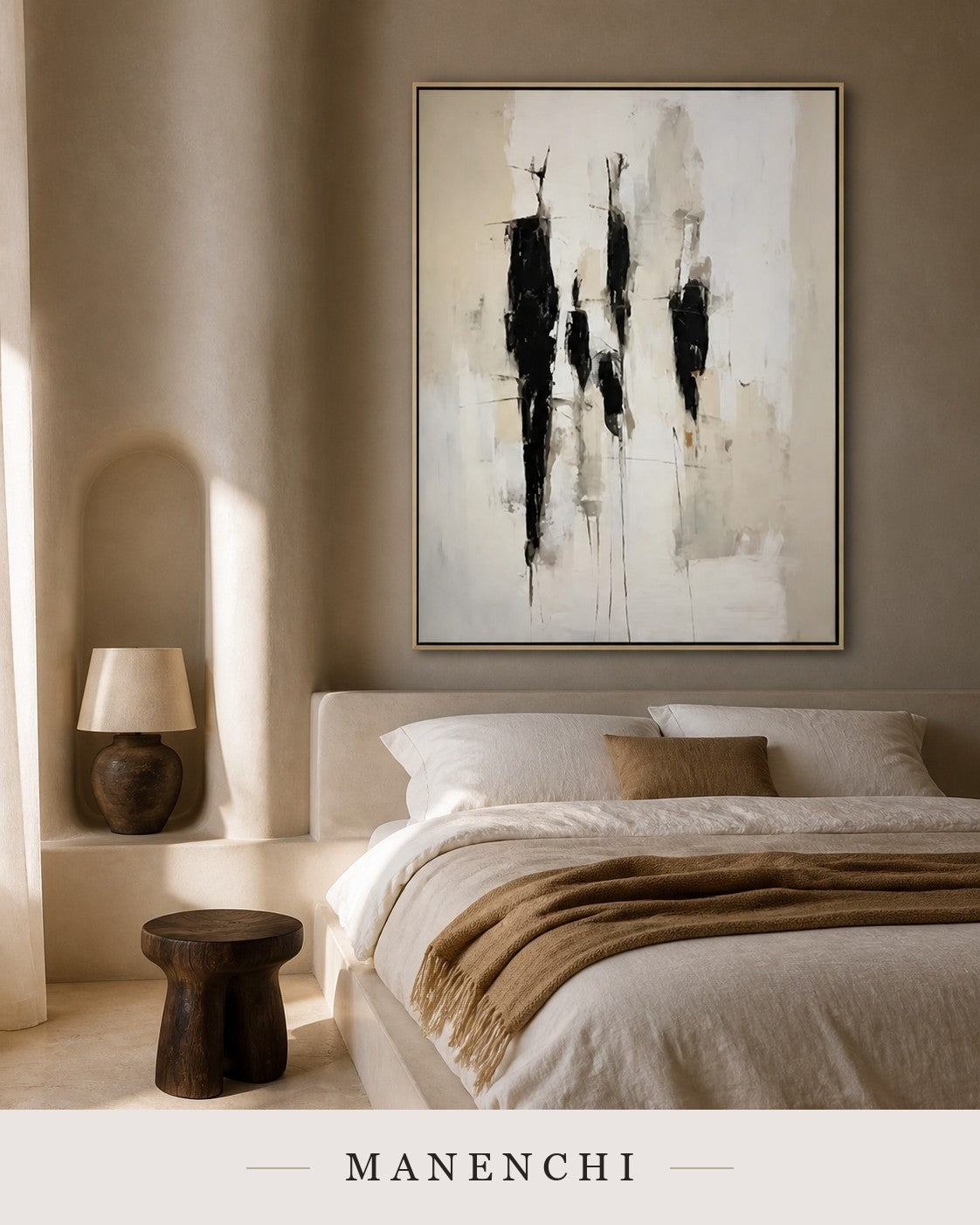 Shadow Sentinels | Minimalist Wall Art - original hand-painted painting by Manenchi, styled in a room setting