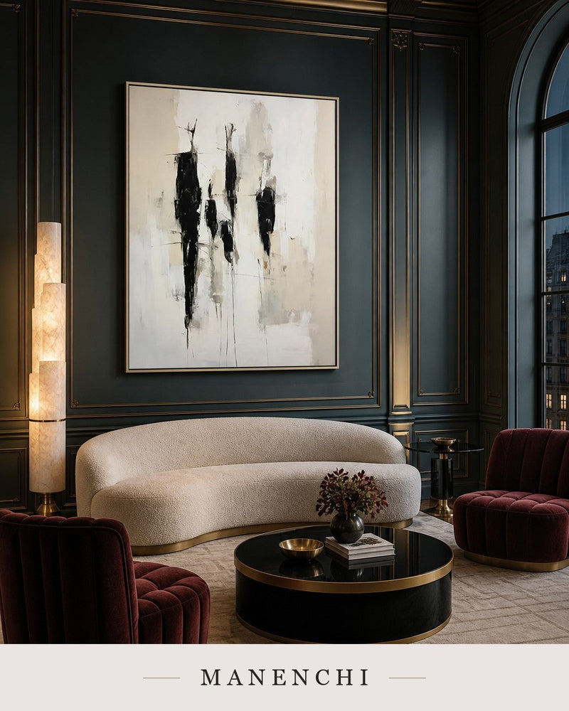 Shadow Sentinels | Minimalist Wall Art - original hand-painted painting by Manenchi, styled in a room setting