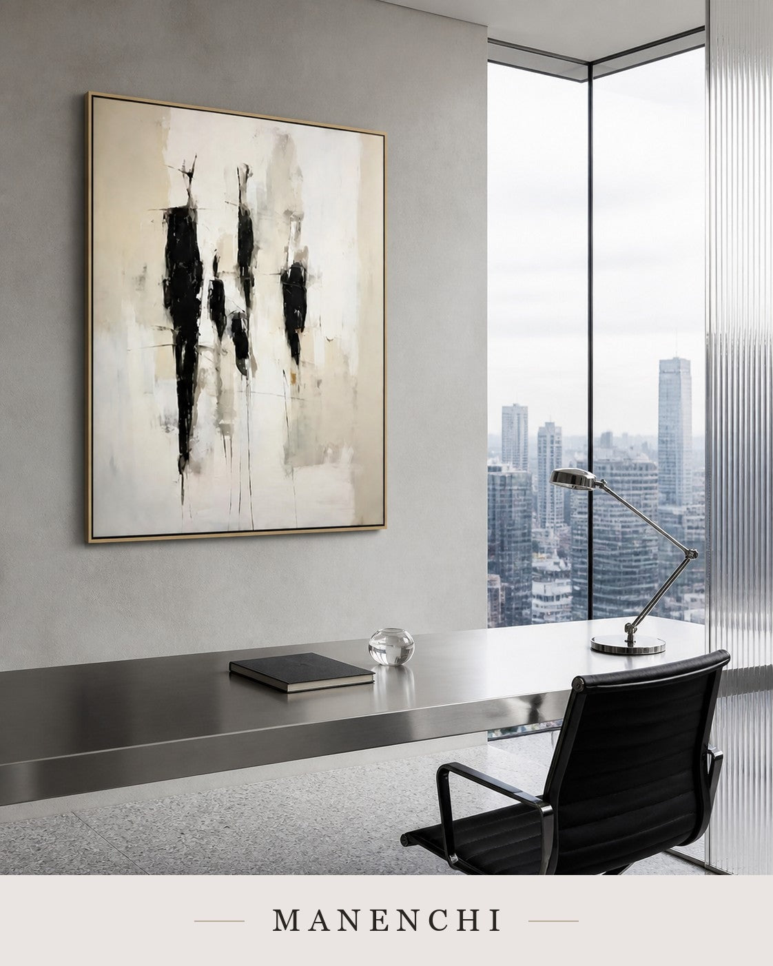 Shadow Sentinels | Minimalist Wall Art - original hand-painted painting by Manenchi, styled in a room setting