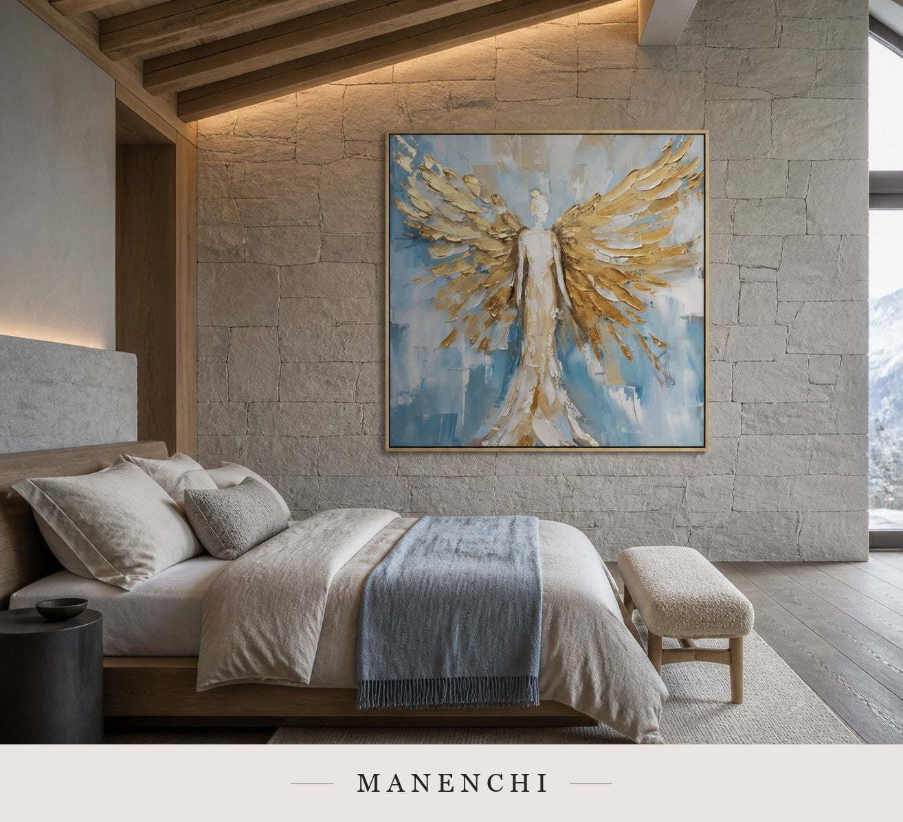 Celestial Radiance | Gold Leaf Wall Art - original hand-painted painting by Manenchi, styled in a room setting
