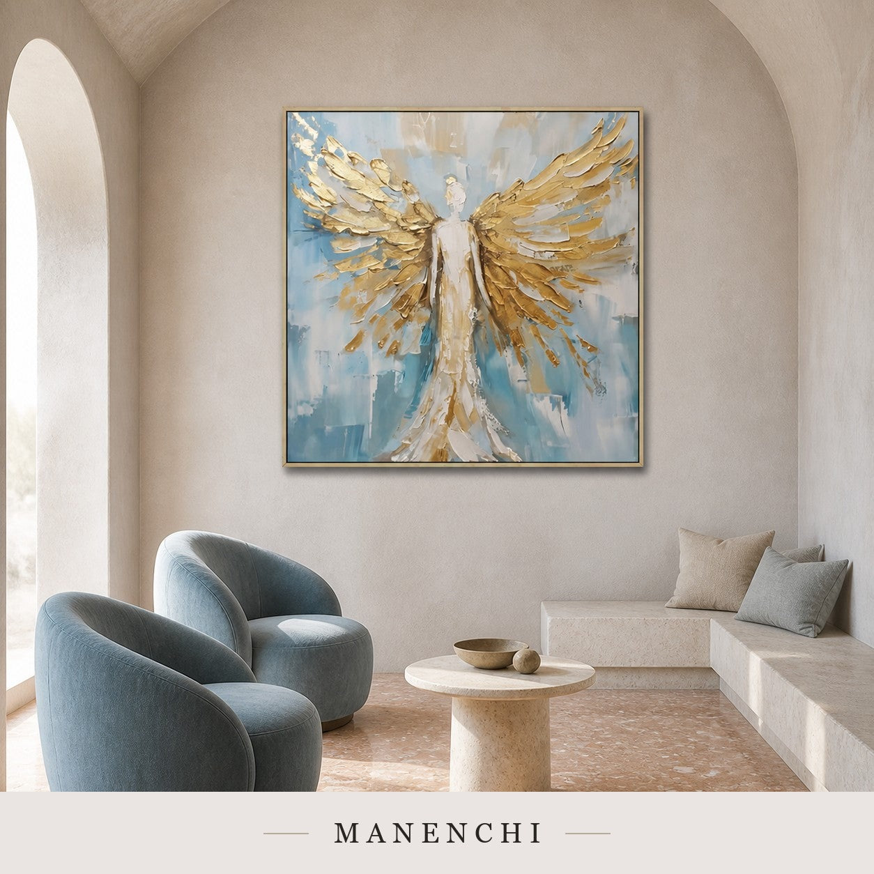 Celestial Radiance | Gold Leaf Wall Art - original hand-painted painting by Manenchi, styled in a room setting