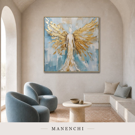 Celestial Radiance | Gold Leaf Wall Art - original hand-painted painting by Manenchi, styled in a room setting