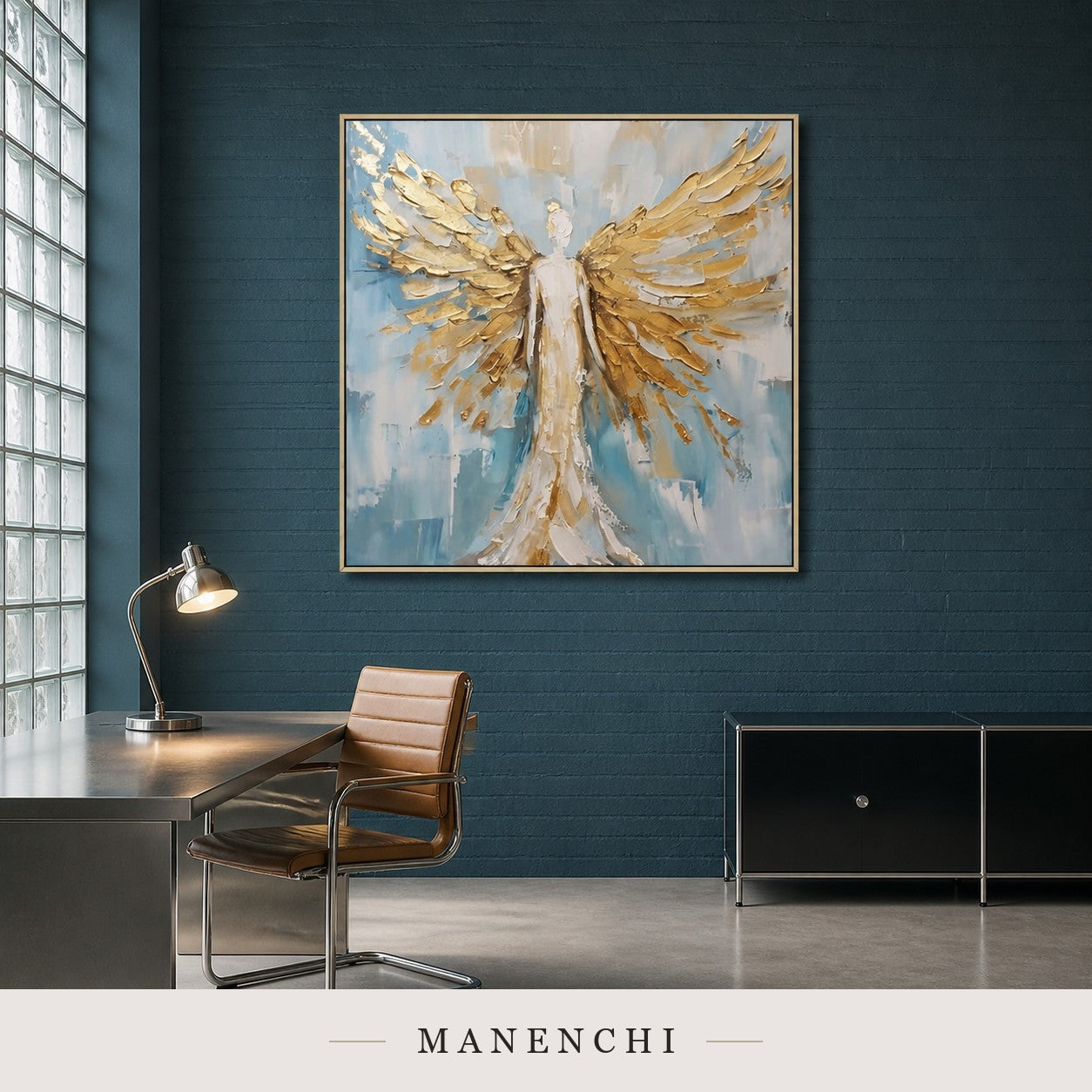 Celestial Radiance | Gold Leaf Wall Art - original hand-painted painting by Manenchi, styled in a room setting