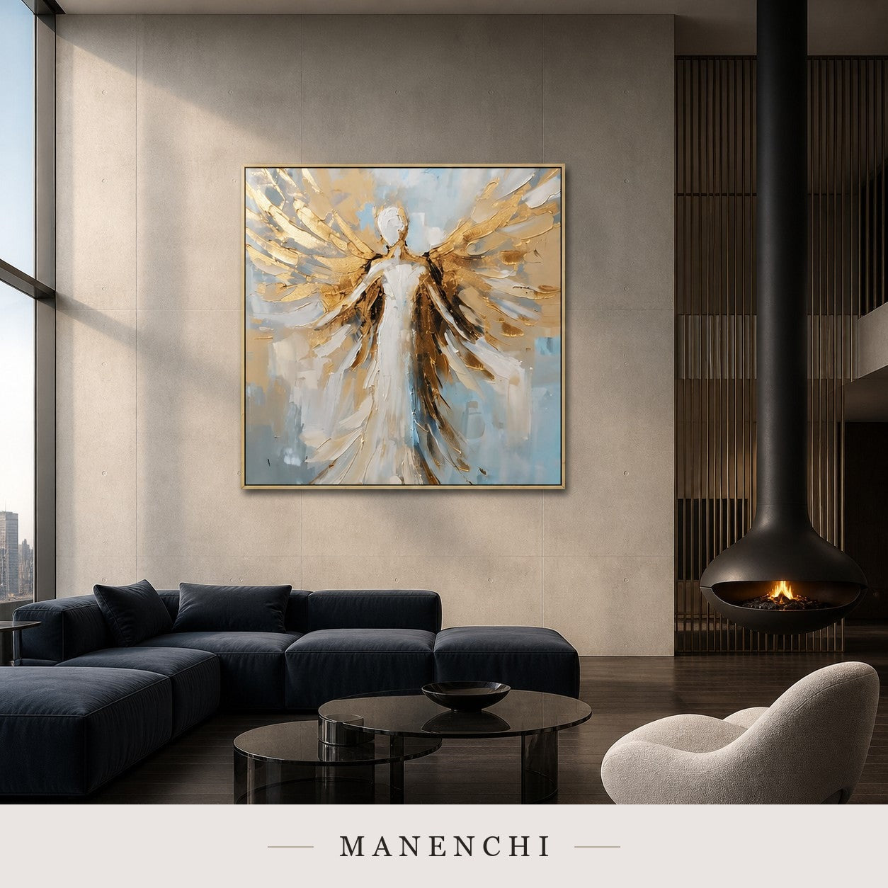 Sculpted Flight | Gold Leaf Wall Art - original hand-painted painting by Manenchi, styled in a room setting