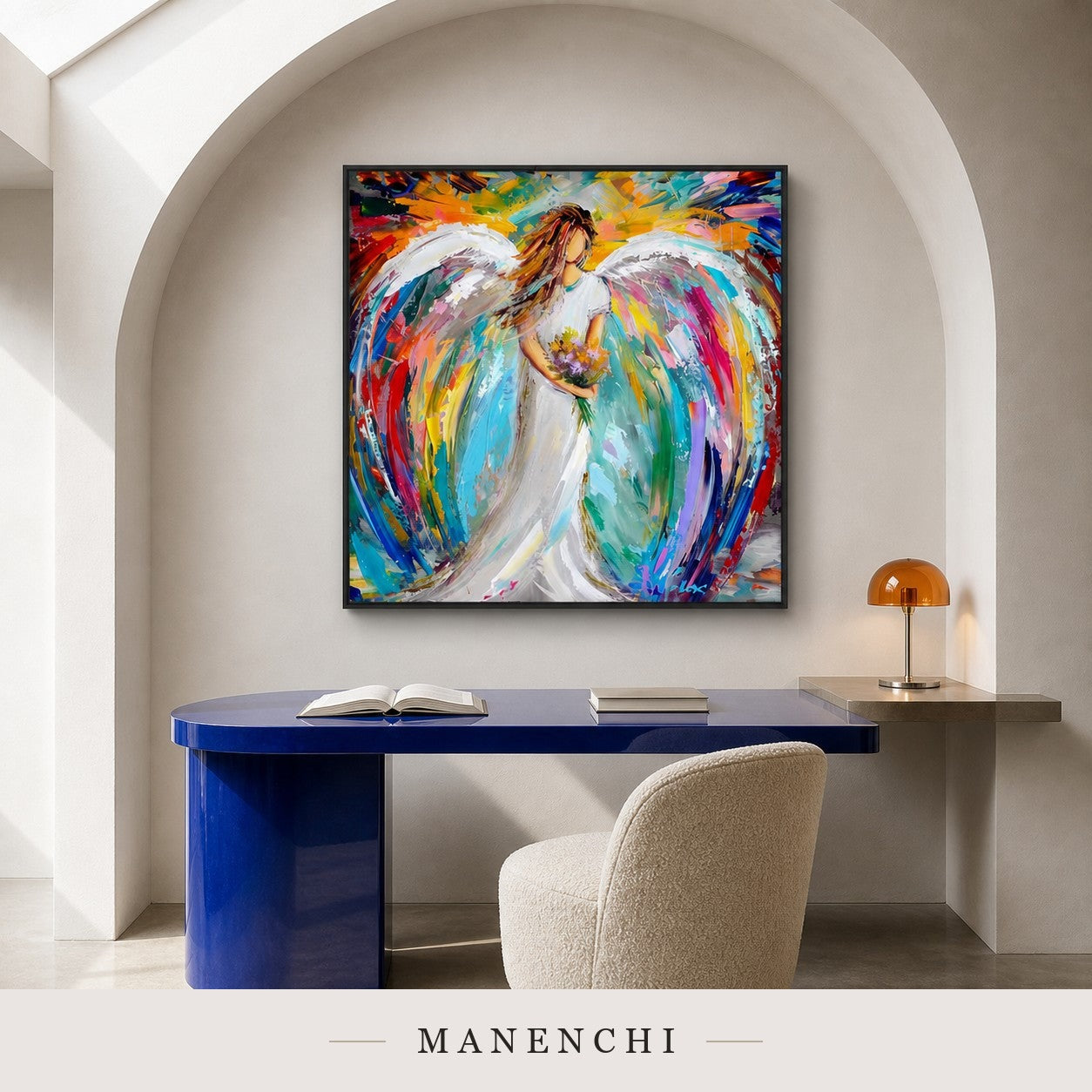 Raised Pinions | Contemporary Wall Art - original hand-painted painting by Manenchi, styled in a room setting