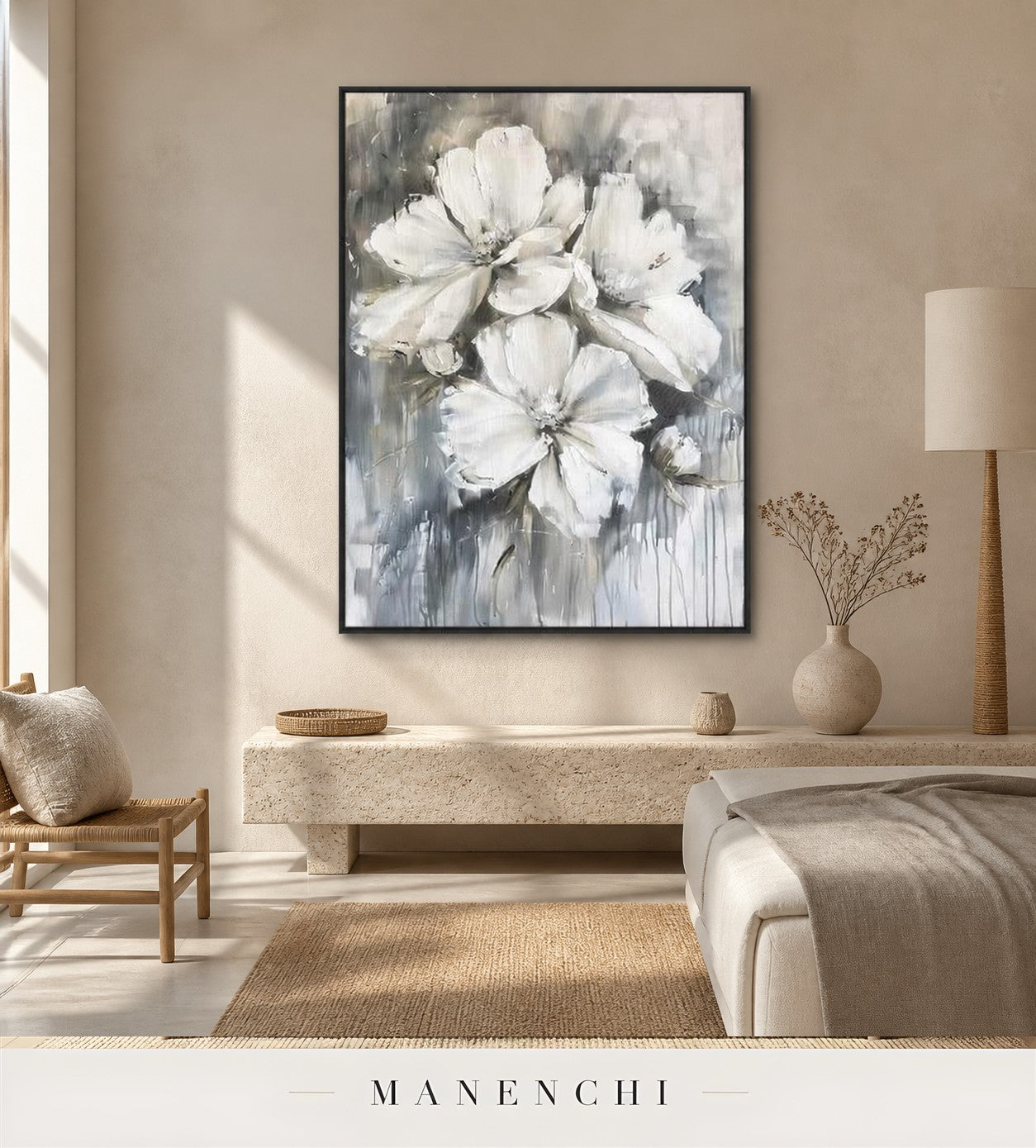 Frosted Petals | Floral Wall Art - original hand-painted painting by Manenchi, styled in a room setting