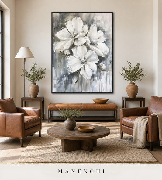 Frosted Petals | Floral Wall Art - original hand-painted painting by Manenchi, styled in a room setting