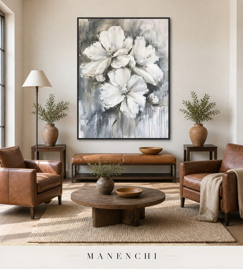 Frosted Petals | Floral Wall Art - original hand-painted painting by Manenchi, styled in a room setting
