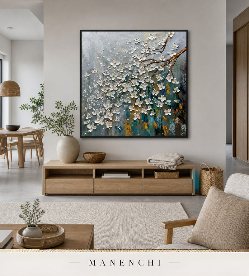 Petal Light | Floral Wall Art - original hand-painted painting by Manenchi, styled in a room setting
