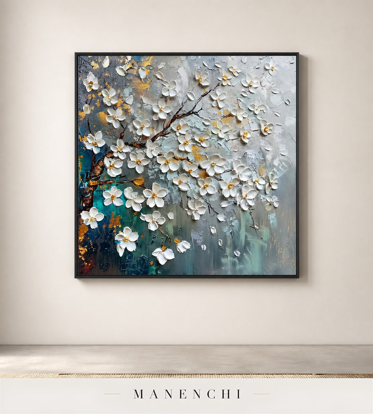 Lustrous Petals | Gold Leaf Wall Art - original hand-painted painting by Manenchi, styled in a room setting