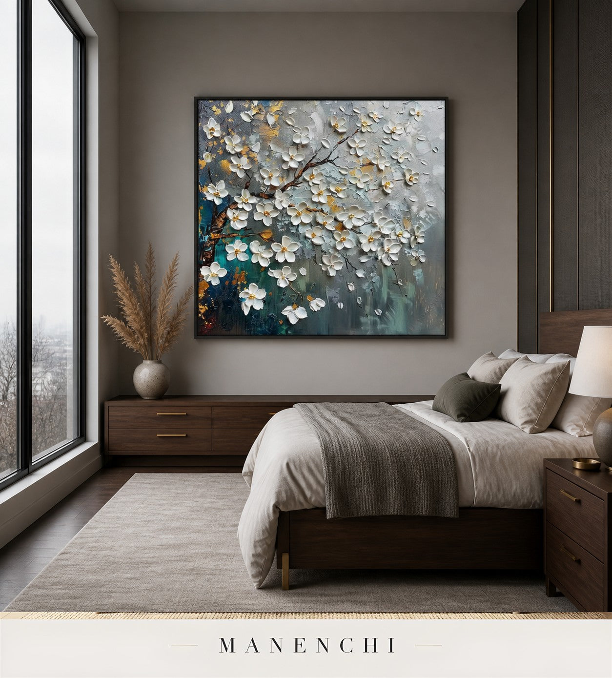 Lustrous Petals | Gold Leaf Wall Art - original hand-painted painting by Manenchi, styled in a room setting
