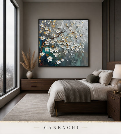 Lustrous Petals | Gold Leaf Wall Art - original hand-painted painting by Manenchi, styled in a room setting