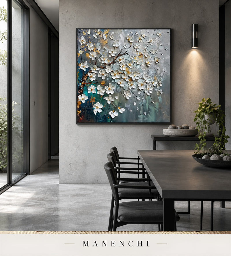 Lustrous Petals | Gold Leaf Wall Art - original hand-painted painting by Manenchi, styled in a room setting