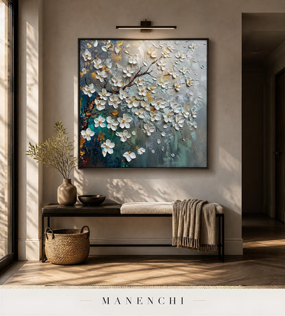 Lustrous Petals | Gold Leaf Wall Art - original hand-painted painting by Manenchi, styled in a room setting