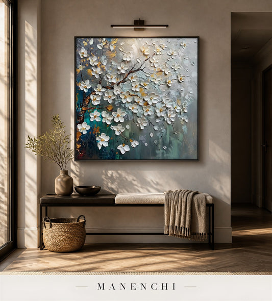 Lustrous Petals | Gold Leaf Wall Art - original hand-painted painting by Manenchi, styled in a room setting