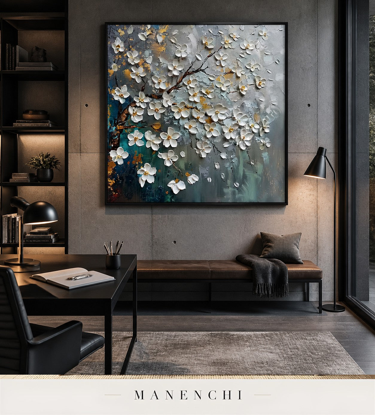 Lustrous Petals | Gold Leaf Wall Art - original hand-painted painting by Manenchi, styled in a room setting