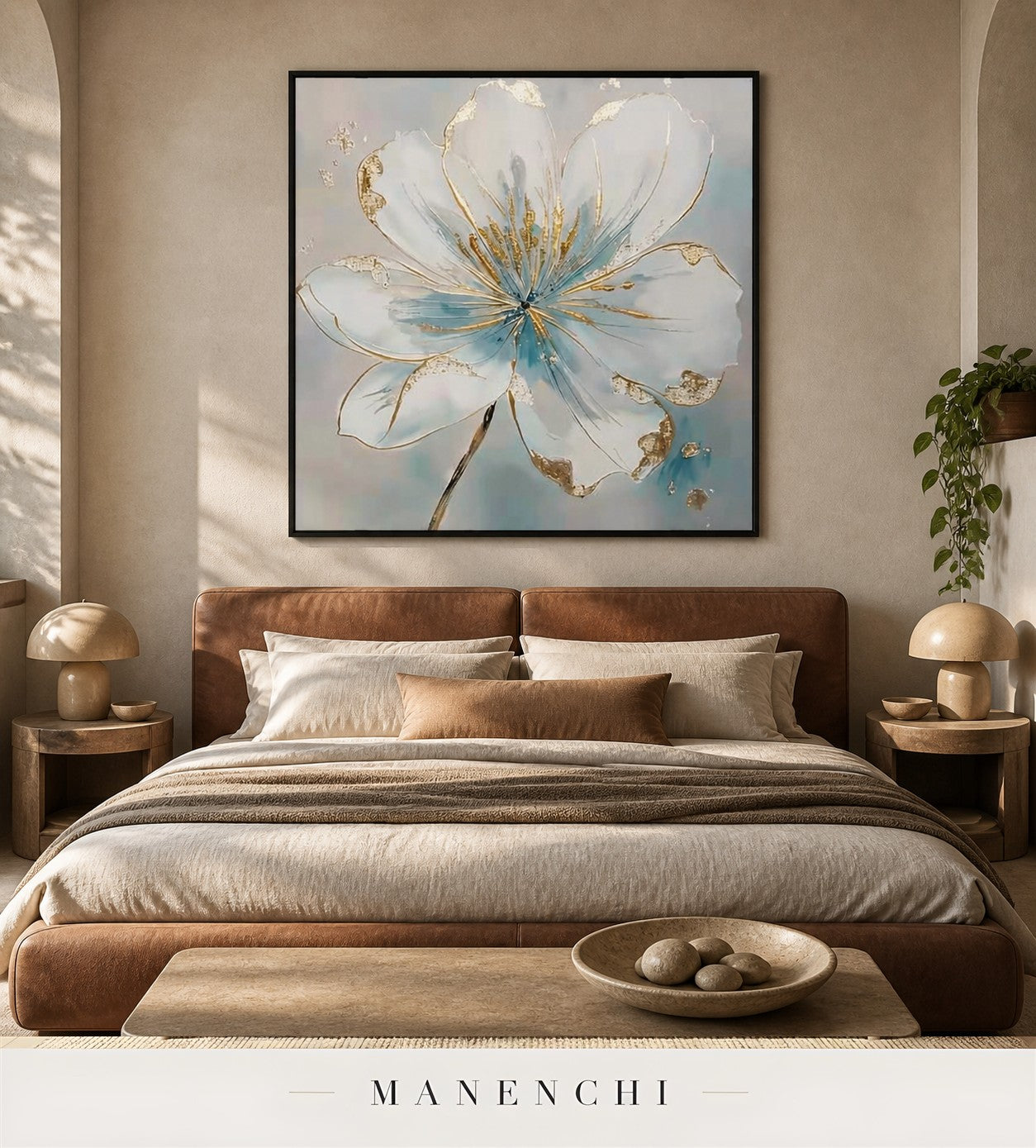 Auric Bloom | Gold Leaf Wall Art - original hand-painted painting by Manenchi, styled in a room setting