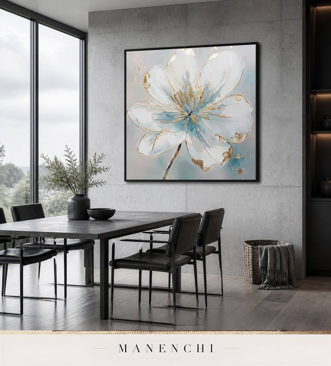 Auric Bloom | Gold Leaf Wall Art - original hand-painted painting by Manenchi, styled in a room setting