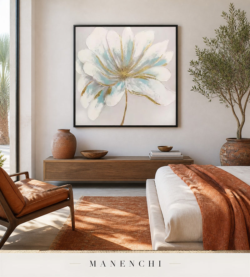 Pristine Glow | Gold Leaf Wall Art - original hand-painted painting by Manenchi, styled in a room setting