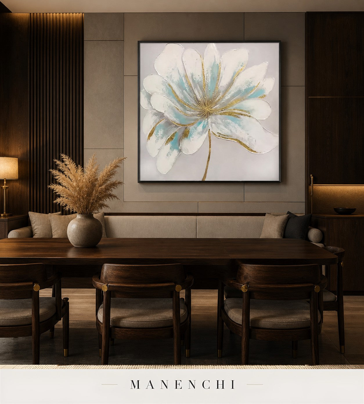 Pristine Glow | Gold Leaf Wall Art - original hand-painted painting by Manenchi, styled in a room setting
