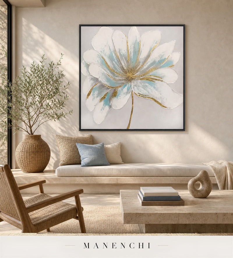 Pristine Glow | Gold Leaf Wall Art - original hand-painted painting by Manenchi, styled in a room setting