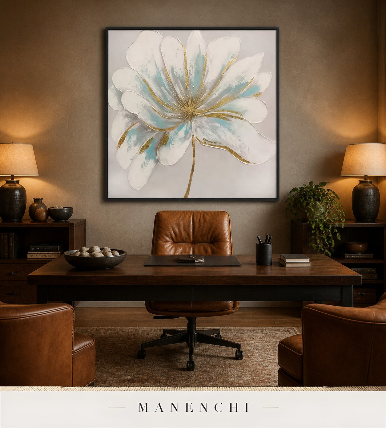 Pristine Glow | Gold Leaf Wall Art - original hand-painted painting by Manenchi, styled in a room setting