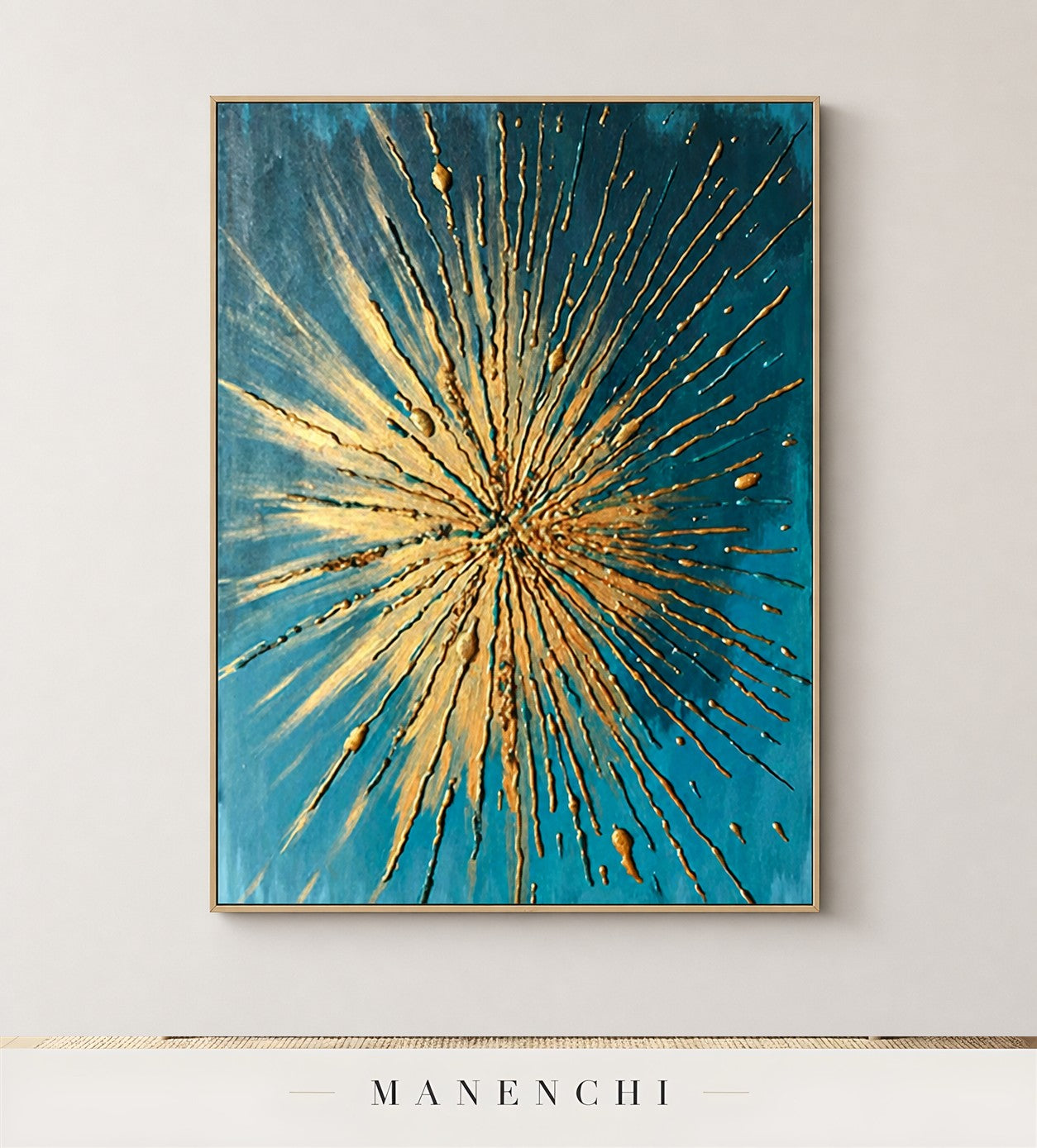 Radiant Threads | Gold Leaf Wall Art - original hand-painted painting by Manenchi, styled in a room setting